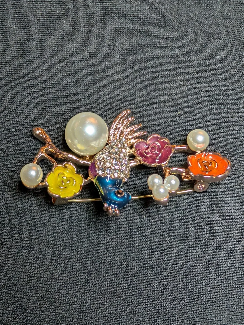 Pearl & Enamel Parrot Floral Brooch - Multicolor